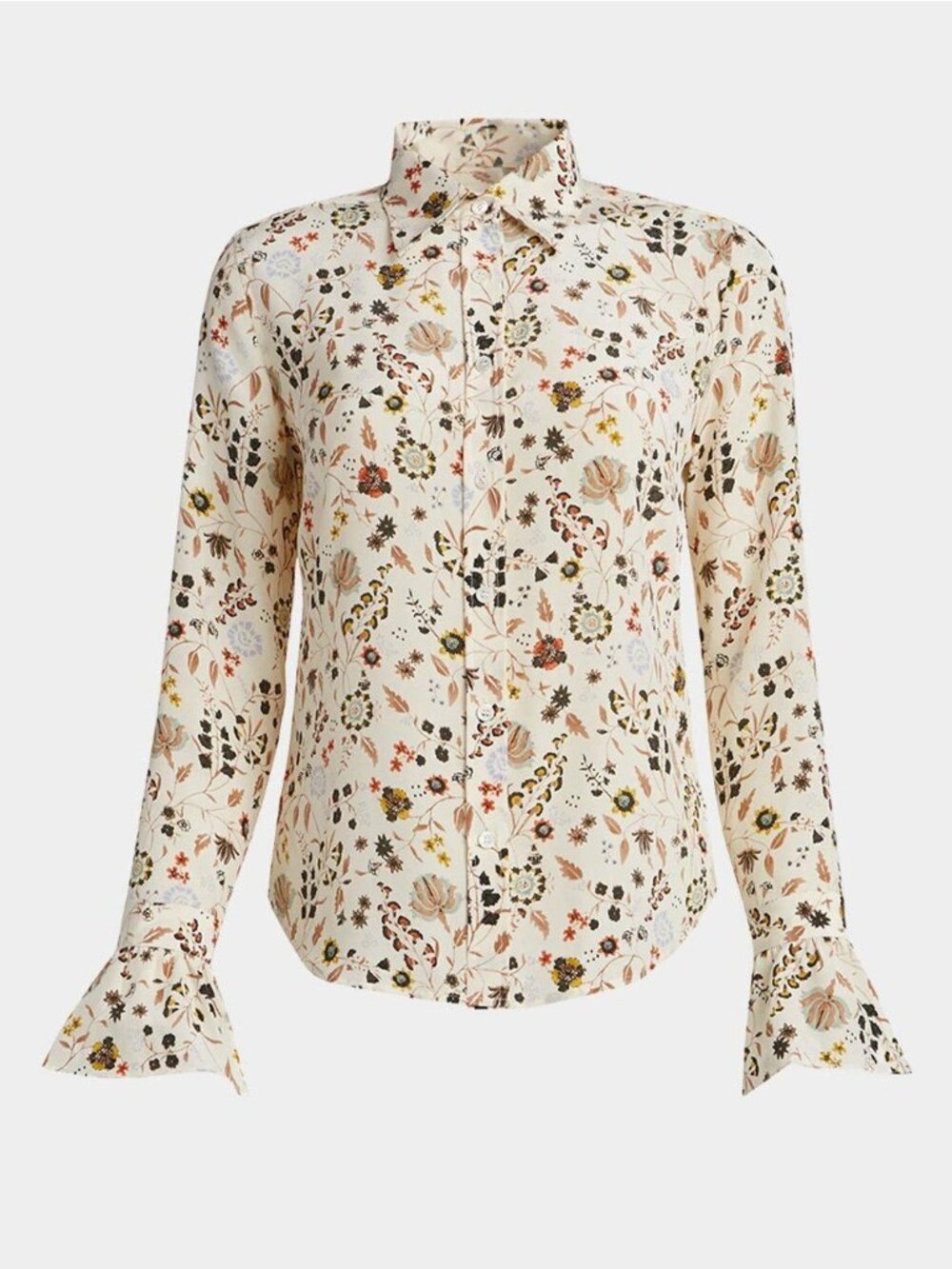 FRAME 70s Ruffled Silk Floral Blouse Size L Off White Multi NWT - Picture 2 of 13
